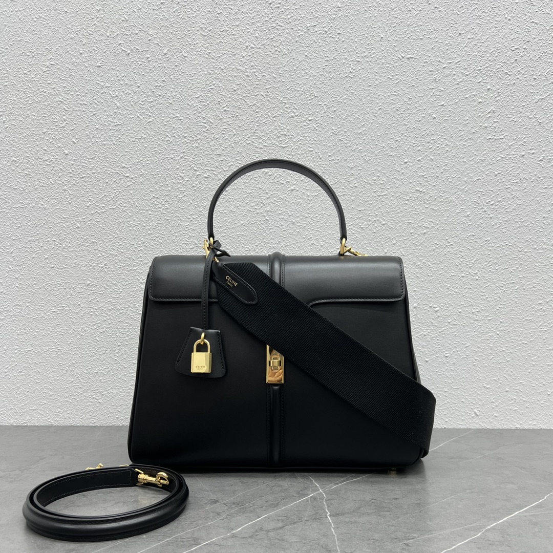 Celine Classique 16 Satinated Calfskin Handbag Shoulder Bag Black 187373